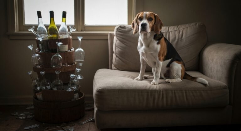 Beagle com expressão serena em meio a uma sala destruída por ele.