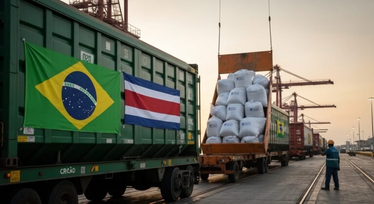 Contêineres de ração pet do Brasil sendo exportados para a Costa Rica em um porto.