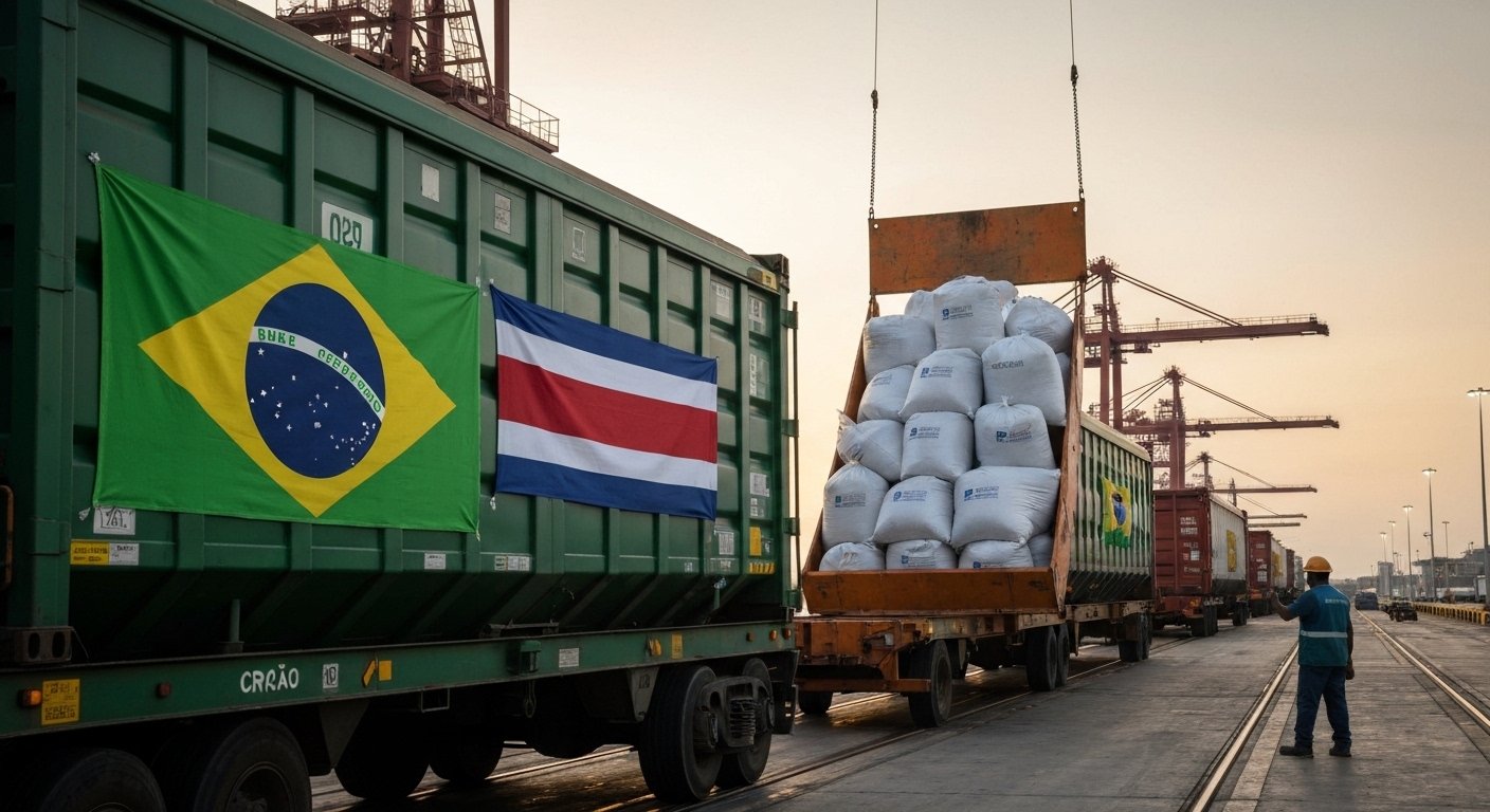 Contêineres de ração pet do Brasil sendo exportados para a Costa Rica em um porto.