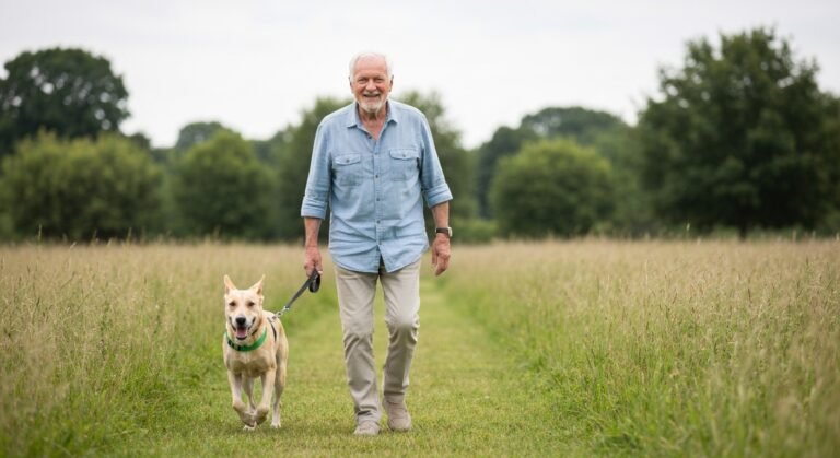 Idoso passeando com cachorro em parque, evidenciando os benefícios da companhia animal para a saúde.