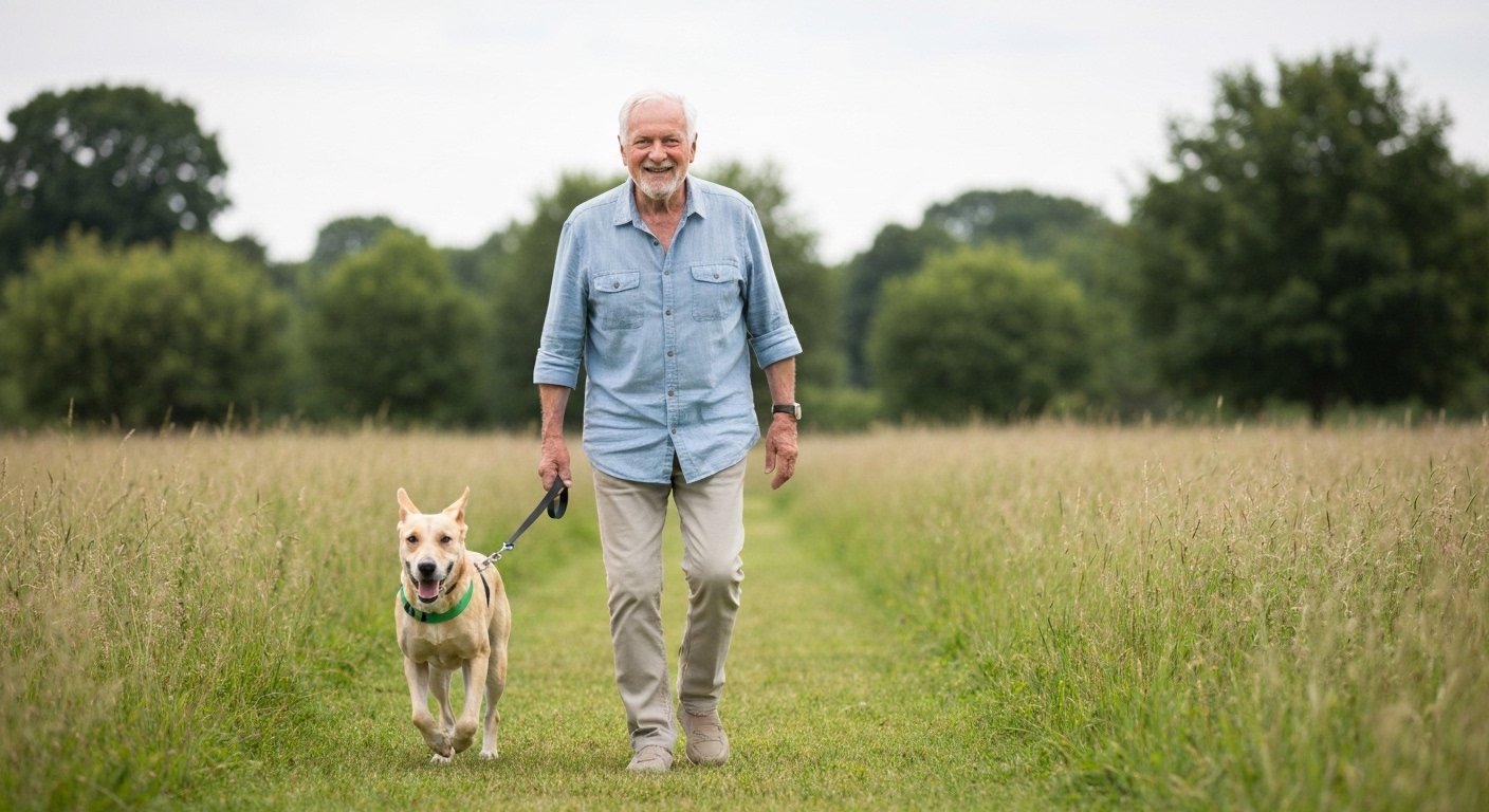 Idoso passeando com cachorro em parque, evidenciando os benefícios da companhia animal para a saúde.