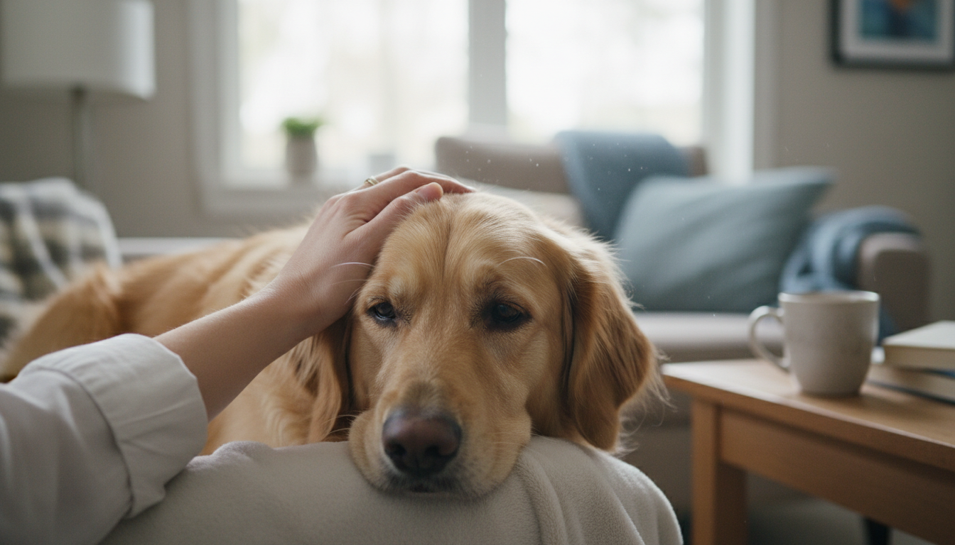 Cachorro ansioso recebendo carinho e conforto do tutor.