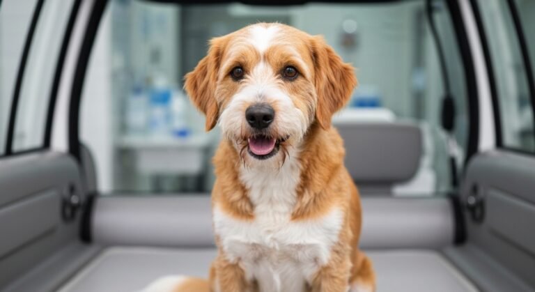 Cão Mofadinho em recuperação em clínica veterinária após agressão.