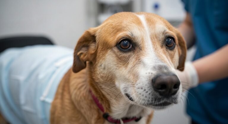 Cachorro idoso se recuperando em clínica veterinária após resgate e cirurgia para tumor na garganta.