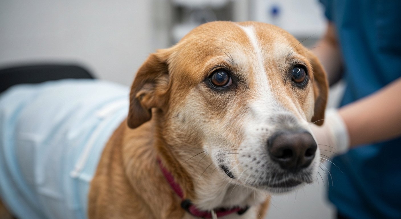 Cachorro idoso se recuperando em clínica veterinária após resgate e cirurgia para tumor na garganta.