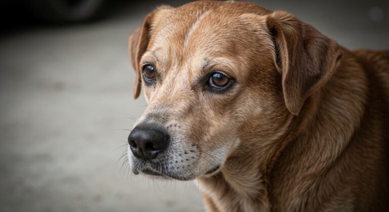 Cachorro idoso resgatado em situação de abandono com tumor na garganta