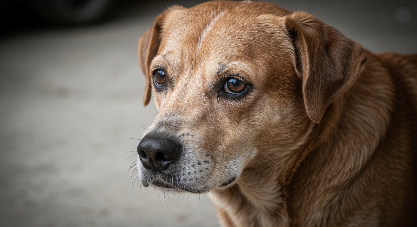 Cachorro idoso resgatado em situação de abandono com tumor na garganta