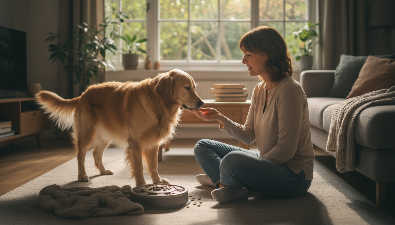 Cachorro calmo recebendo recompensa por não latir
