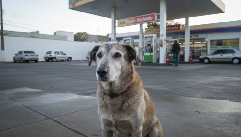 Cão Pingo, de 21 anos, em frente a um posto de combustíveis em Vinhedo.