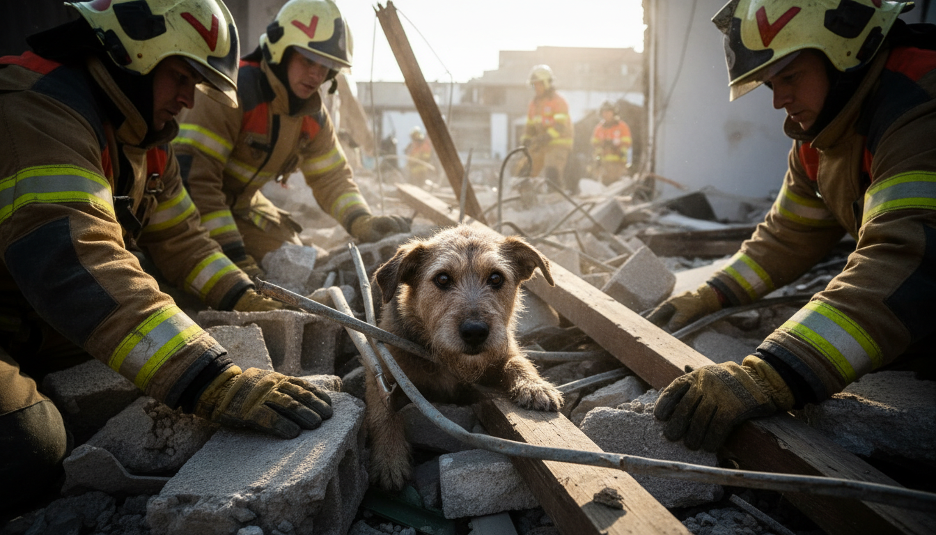 Cachorro sendo retirado de escombros após desabamento de casa por chuvas em Juiz de Fora.