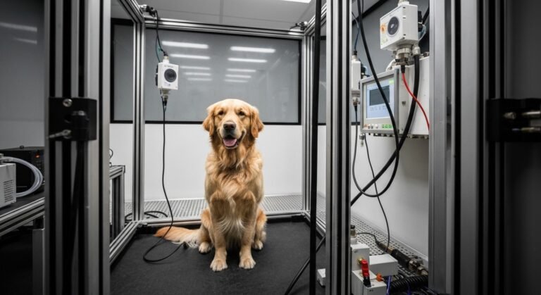 Cão em laboratório de pesquisa monitorando qualidade do ar
