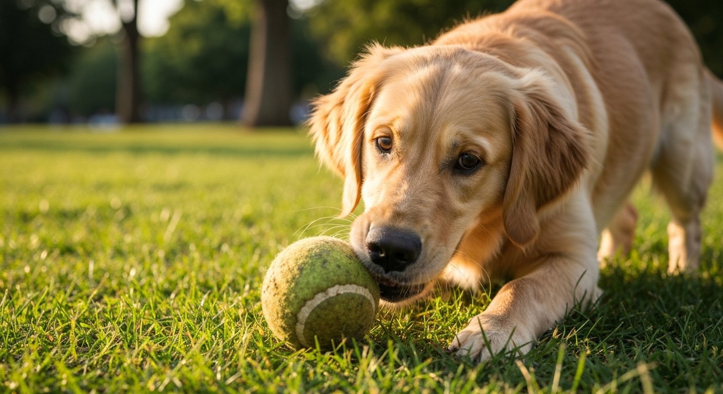 Cachorro com olhar fixo em seu brinquedo, sugere vício.