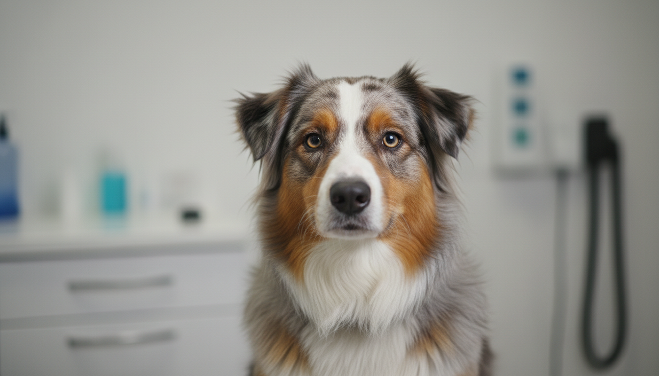 Cadela pastora australiana em clínica veterinária