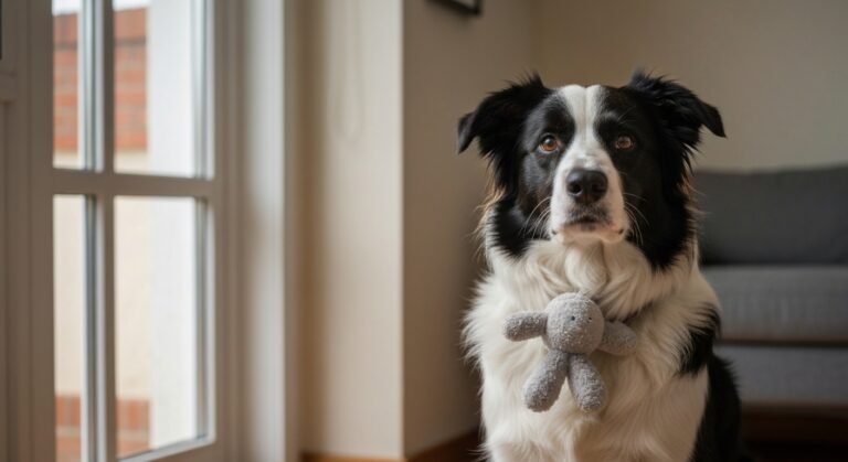 Cão Border Collie olhando atentamente para um brinquedo em uma sala de estar, sugerindo aprendizado.