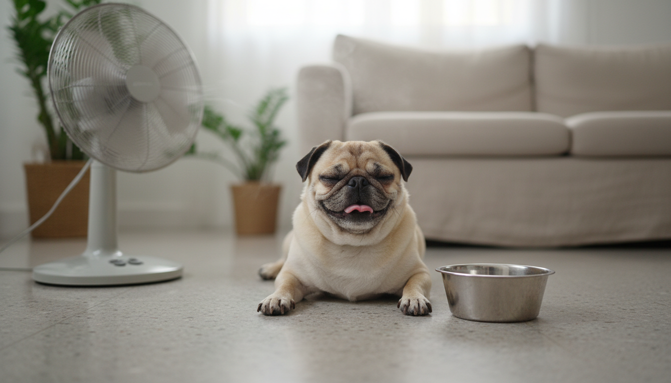 Cachorro Pug aliviando o calor deitado em piso frio perto de ventilador.