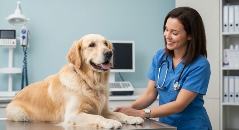 Veterinário examinando um cão Golden Retriever