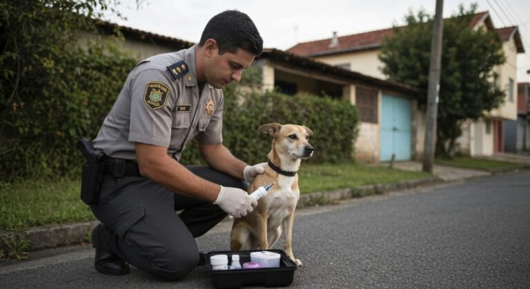 Agente de endemias aplica teste rápido em cão durante visita domiciliar em Carmo do Cajuru.