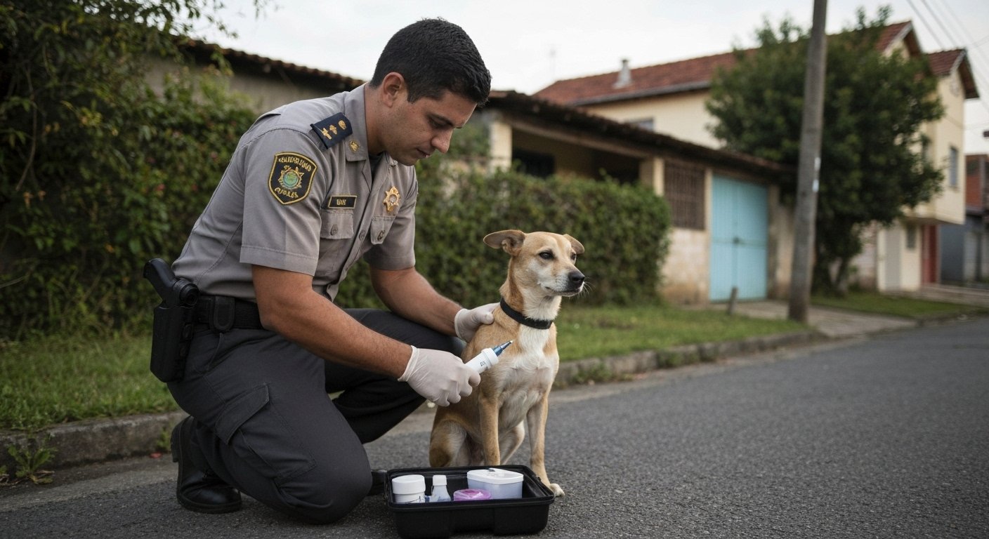 Agente de endemias aplica teste rápido em cão durante visita domiciliar em Carmo do Cajuru.