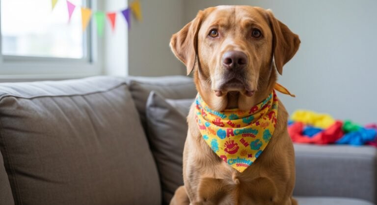 Cão labrador dourado em ambiente doméstico durante o carnaval, recebendo cuidados.