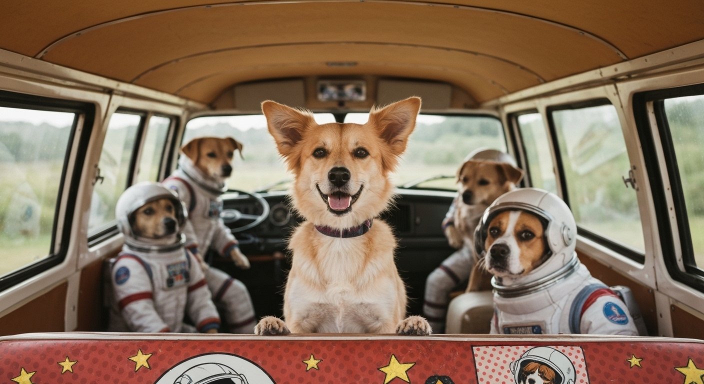 Cachorro fantasiado de astronauta em uma van escolar durante o bloCão de Carnaval.