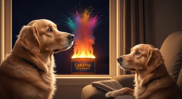Cão preocupado em casa durante Carnaval com barulho e fogos de artifício ao fundo
