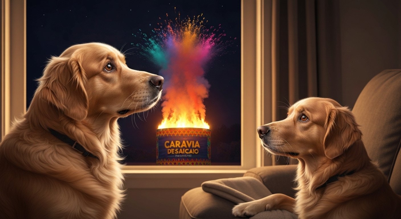 Cão preocupado em casa durante Carnaval com barulho e fogos de artifício ao fundo