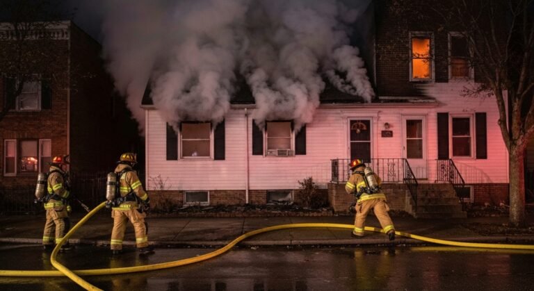 Bombeiros resgatam casal de casa em chamas após incêndio.