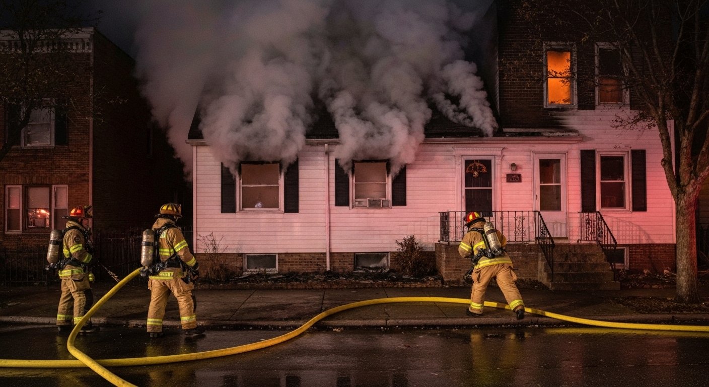 Bombeiros resgatam casal de casa em chamas após incêndio.