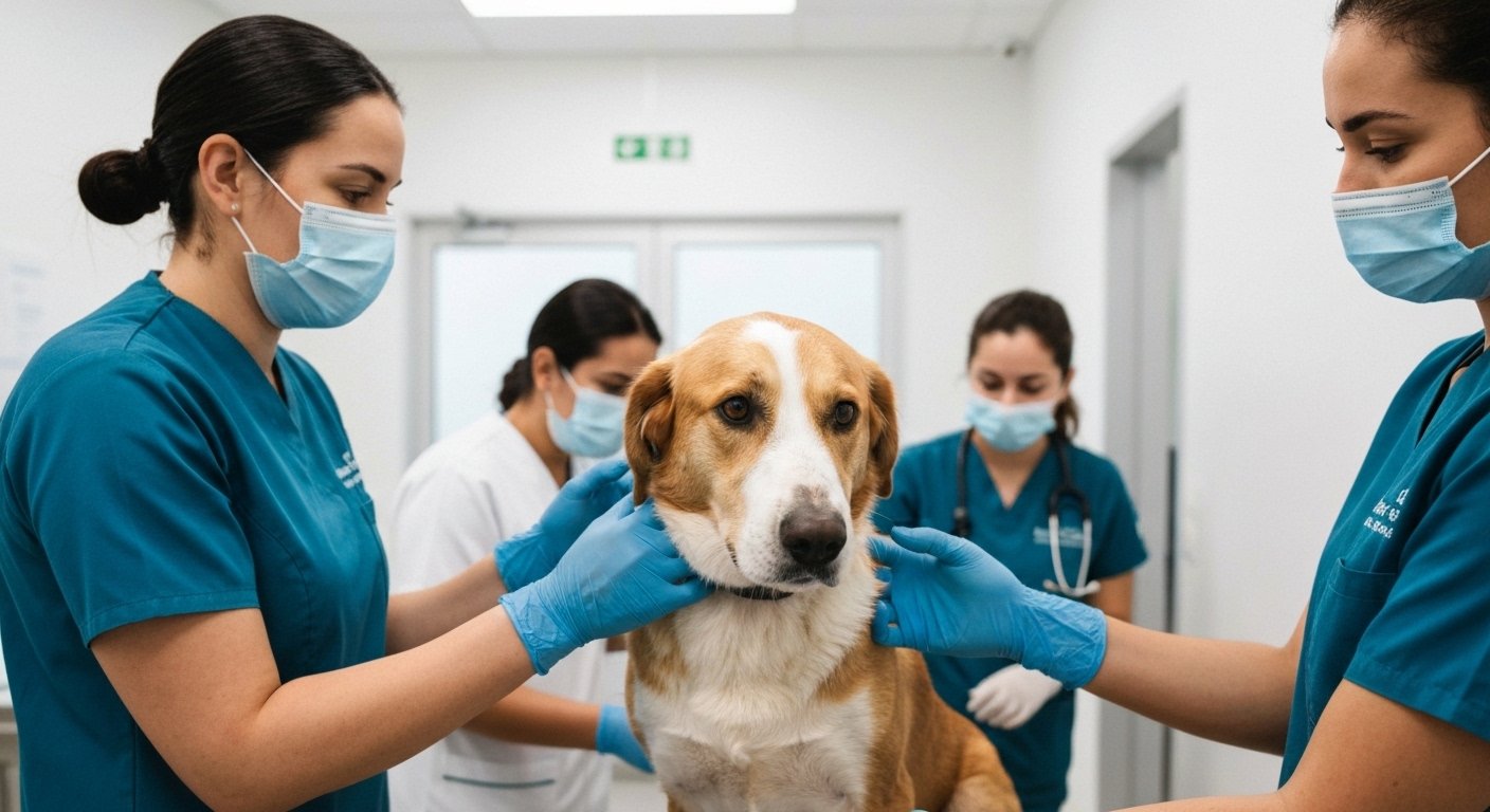Cachorro com feridas recebendo atendimento veterinário, simbolizando a luta contra maus-tratos.
