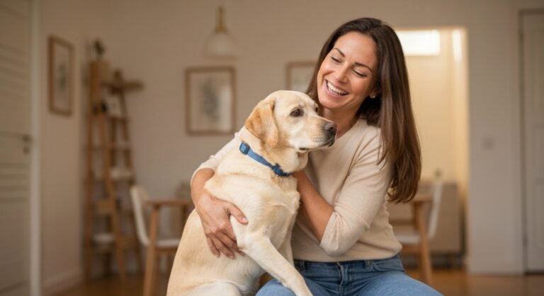 Mulher abraçando filhote de cachorro com carinho