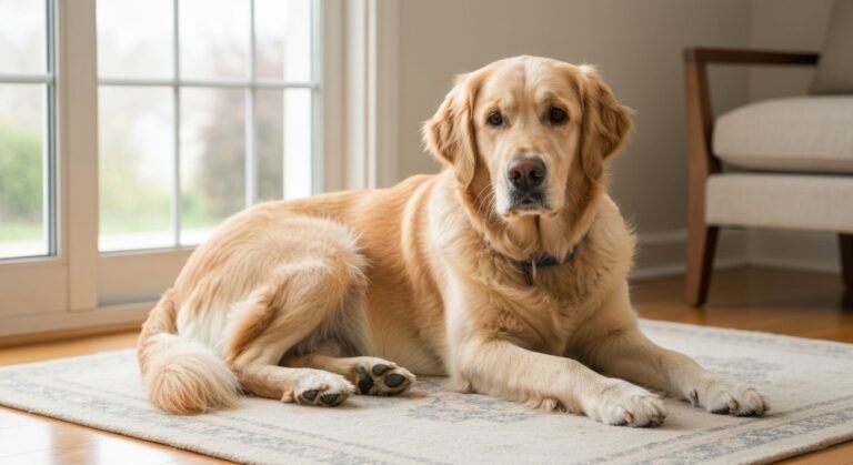 Cão golden retriever com coleira inteligente deitado em tapete na sala de estar