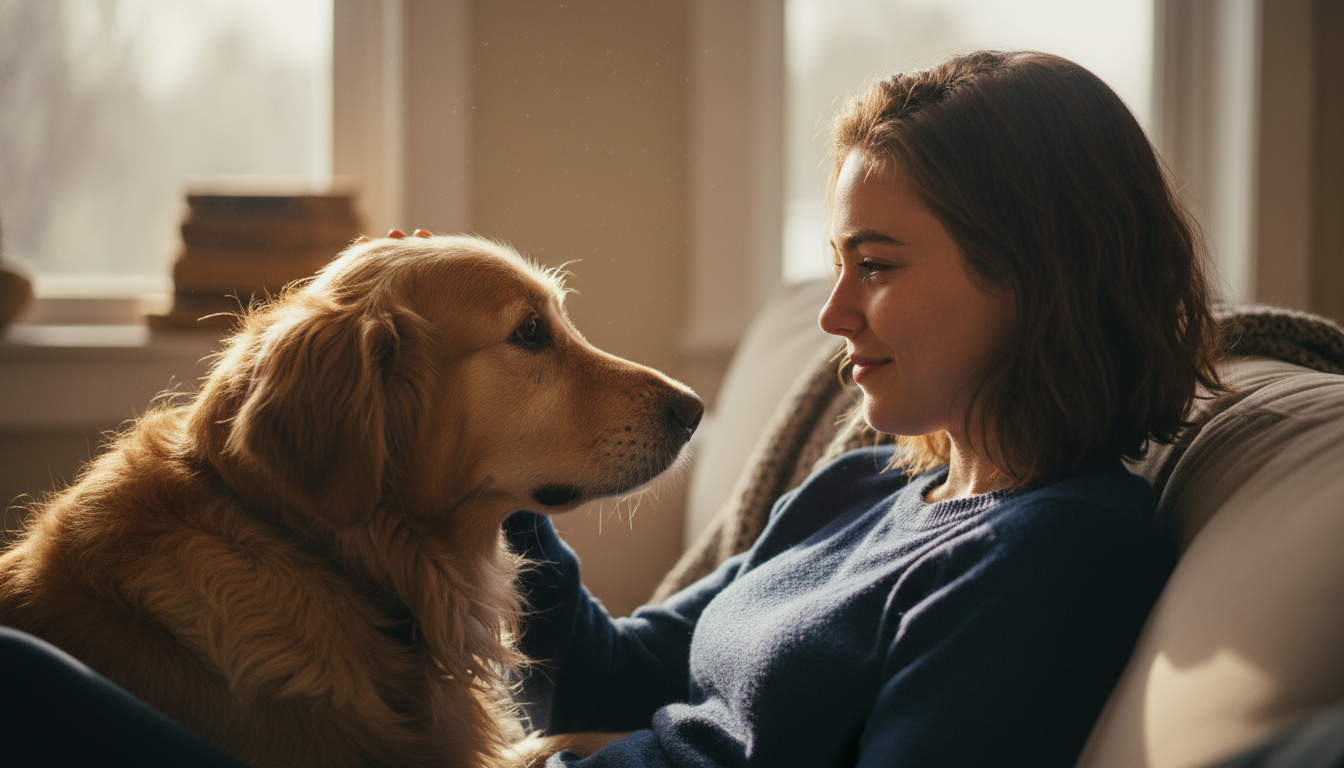 Pessoa e cachorro se conectando através da comunicação não-verbal, expressando amor e entendimento mútuo.
