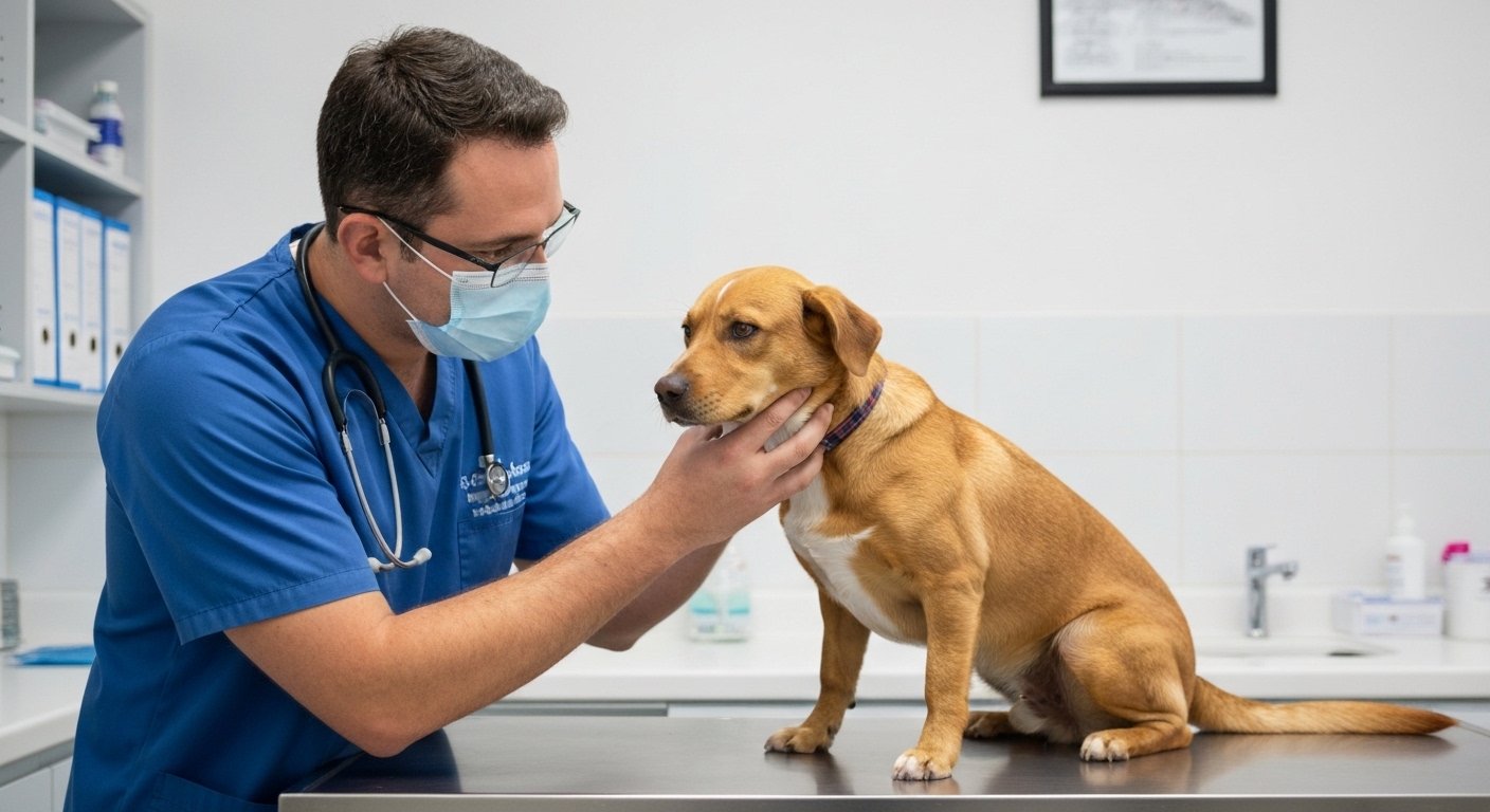 Veterinário examinando um cachorro preocupado com possível doença