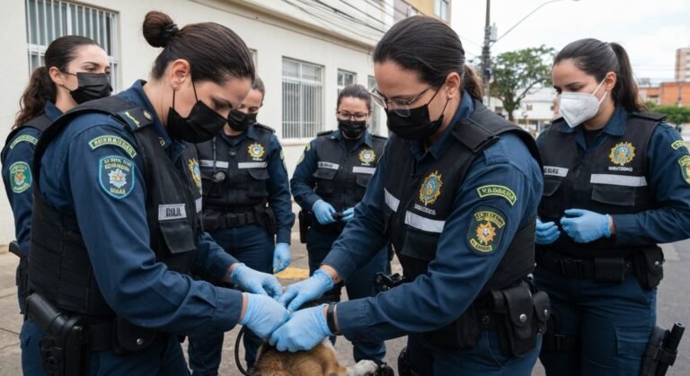 Equipe de vigilância sanitária de Cuiabá em ação de monitoramento de zoonoses em área urbana.