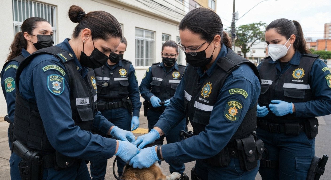 Equipe de vigilância sanitária de Cuiabá em ação de monitoramento de zoonoses em área urbana.