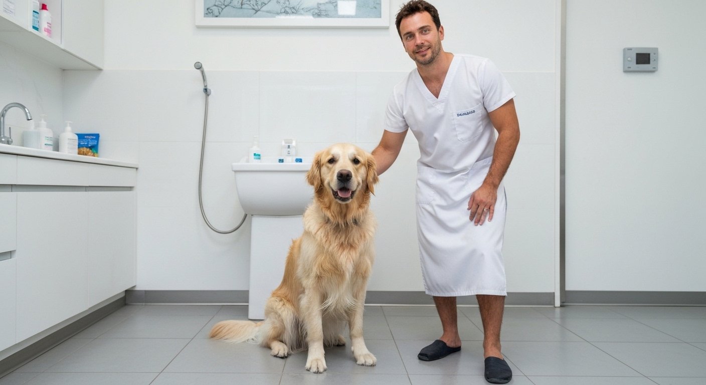 Veterinário secando um cachorro golden retriever com toalha após o banho.