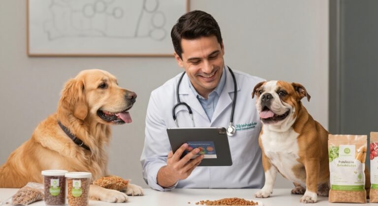 Veterinário examinando cães em clínica moderna com foco em nutrição animal