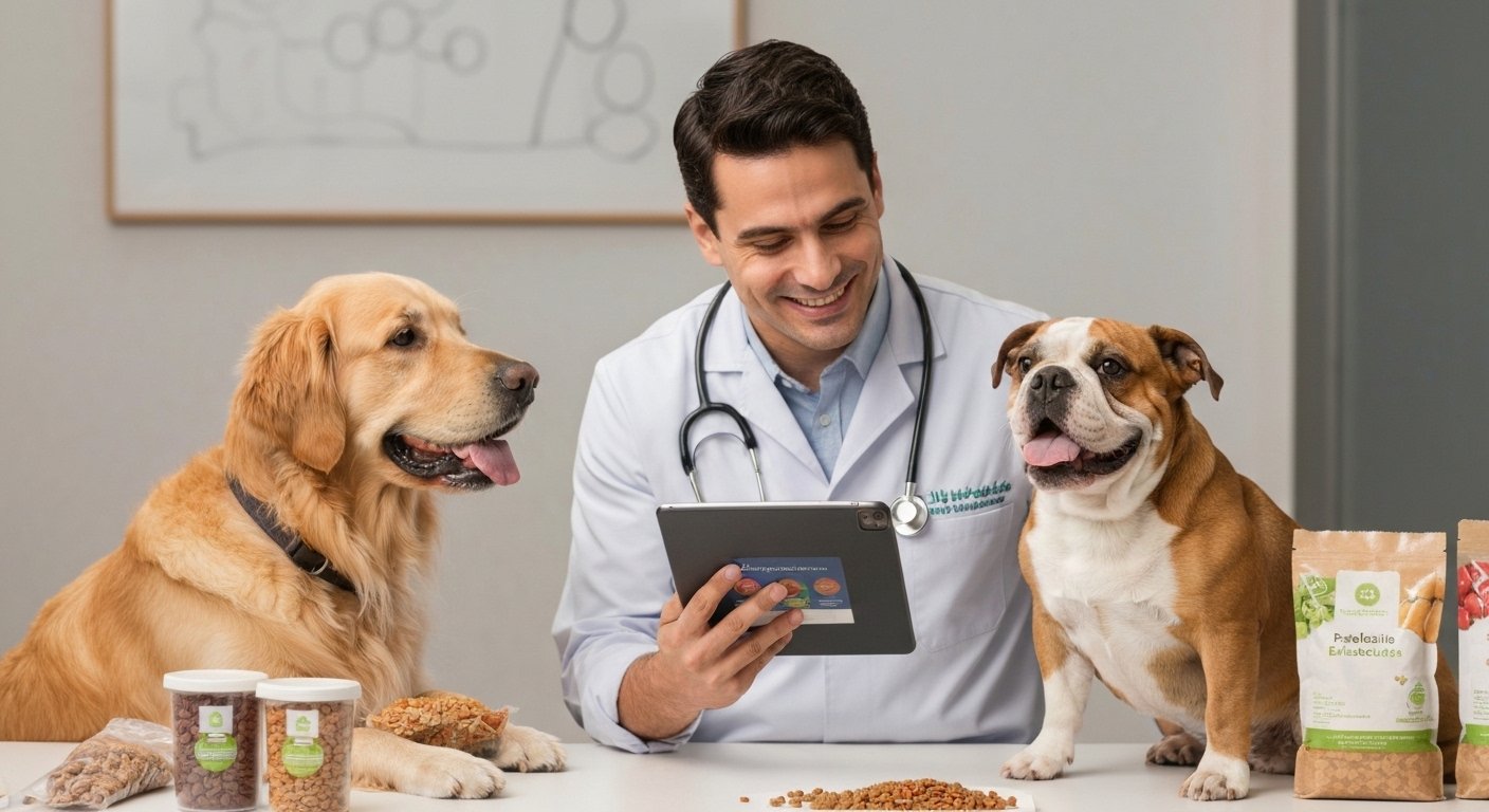 Veterinário examinando cães em clínica moderna com foco em nutrição animal