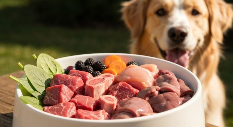 Tigela de alimentação BARF para cães com carne crua, ossos, órgãos e vegetais frescos, com um cão saudável olhando com interesse, ilustrando a dieta BARF para cães.