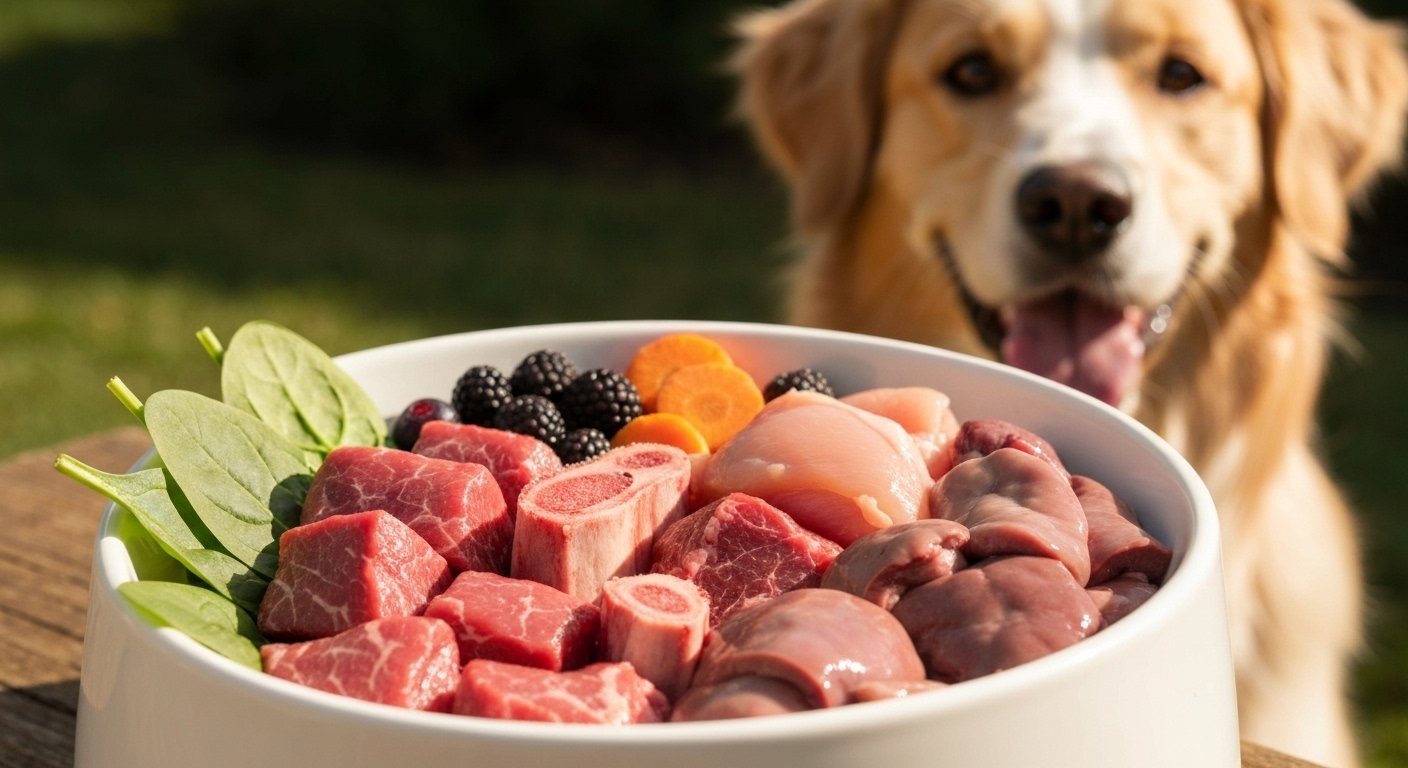 Tigela de alimentação BARF para cães com carne crua, ossos, órgãos e vegetais frescos, com um cão saudável olhando com interesse, ilustrando a dieta BARF para cães.