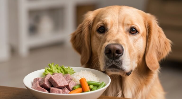 Cão feliz e saudável observando uma tigela de comida caseira nutritiva, ilustrando a dieta natural para cães com problemas de saúde.