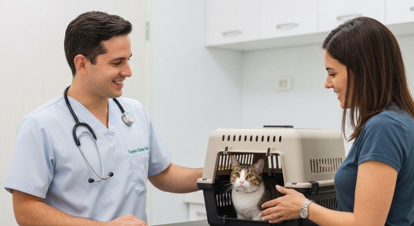 Veterinário examinando um cão em clínica, com tutor observando.