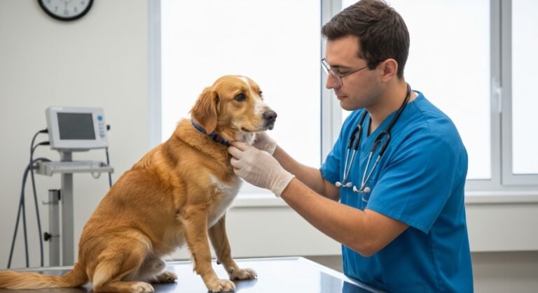 Veterinário examinando cão acima do peso em clínica