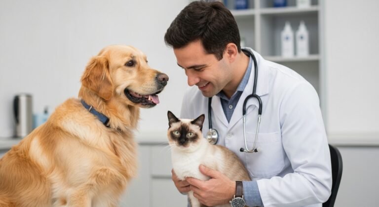 Veterinário examinando cão e gato em clínica