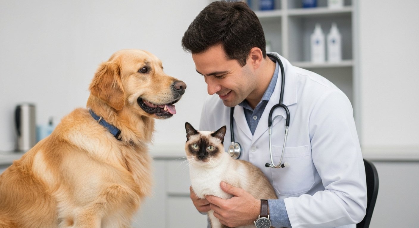 Veterinário examinando cão e gato em clínica