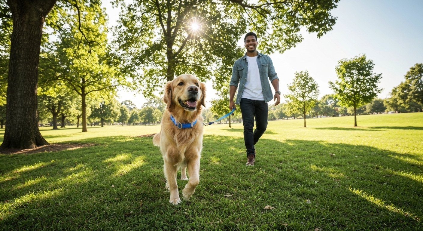 Cão feliz usando coleira adequada durante passeio com tutor