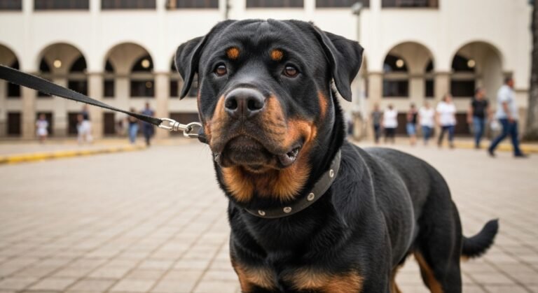 Rottweiler usando focinheira em rua de Belém