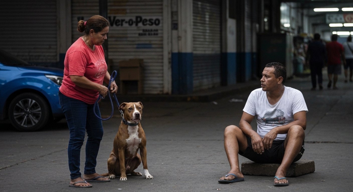 Gari ferido sentado no chão após ataque de pit bull no Ver-o-Peso, em Belém.