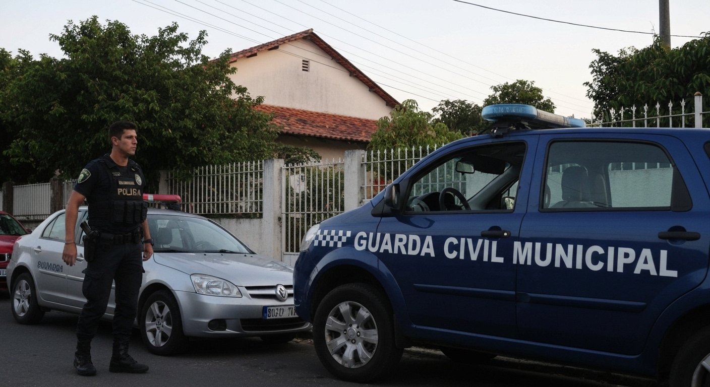 Viatura da Guarda Civil Municipal em frente a uma residência em São Vicente.