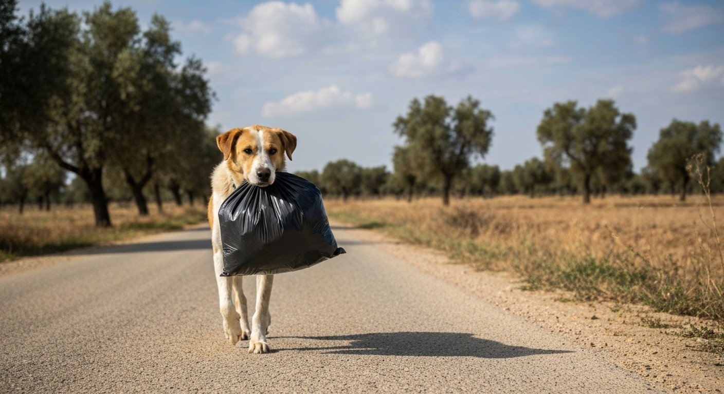 Cachorro carrega saco de lixo pela boca em estrada na Itália